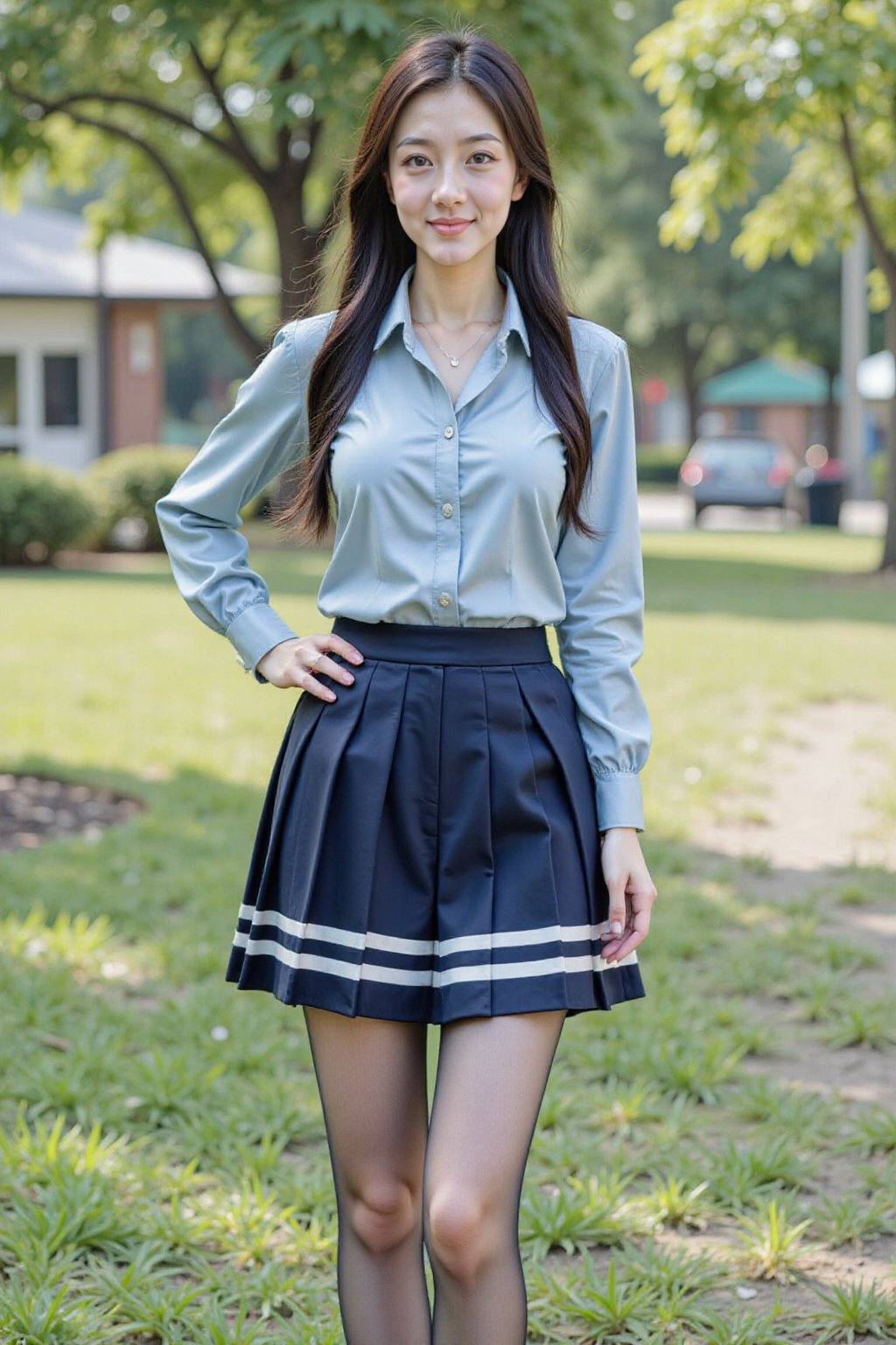 A full-body photo of a young woman standing confidently on the grass in a park. She has fair skin,  brown eyes,  long stra...