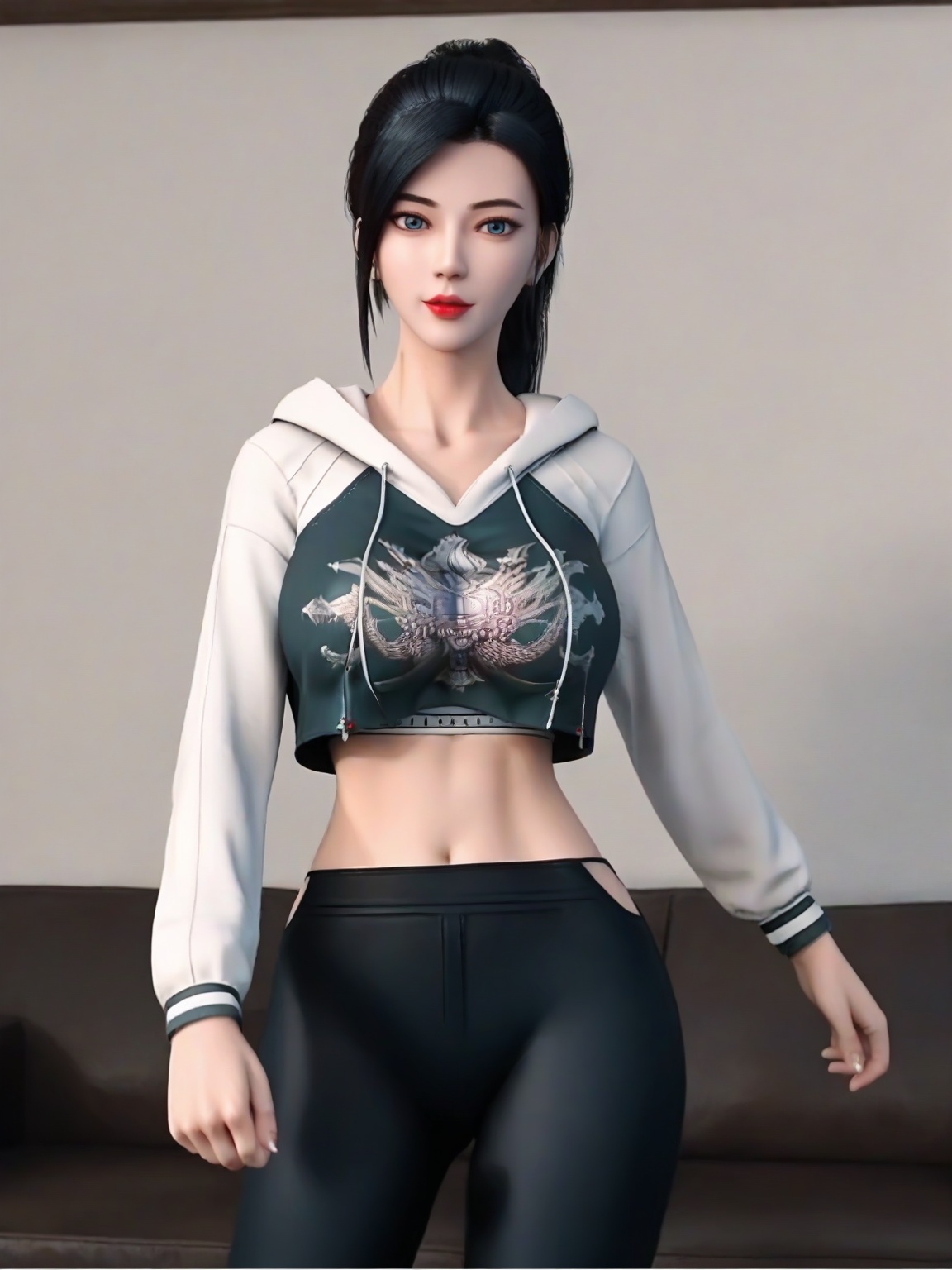 score_9,1girl,solo,crop top,standing,cropped hoodie,earrings,large breasts,black hair,lipstick,black pants,long sleeves,looking at viewer,cowboy shot,ponytail,<lora:SF_TangZiChen_Pony_Realism2.3-000004:0.7>,