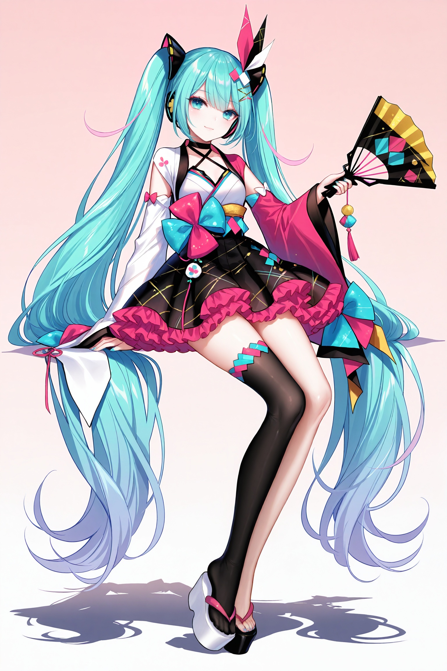 masterpiece,best quality,newest,absurdres,highres,soft shadows,photorealistic,(bison cangshu:0.5),(fuzichoco:0.6),(rimuu:0.5),(mignon:0.5),(sheya:0.6),<lora:MMM2020summerXLNAI:1>,magical mirai miku \(2020 summer\),sandals,multicolored hair,hair ornament,japanese clothes,wide sleeves,hand fan,mismatched sleeves,white sleeves,pink sleeves,frilled skirt,black thighhigh,single thighhigh,bare leg,platform footwear,mismatched footwear,white footwear,black footwear,full body,