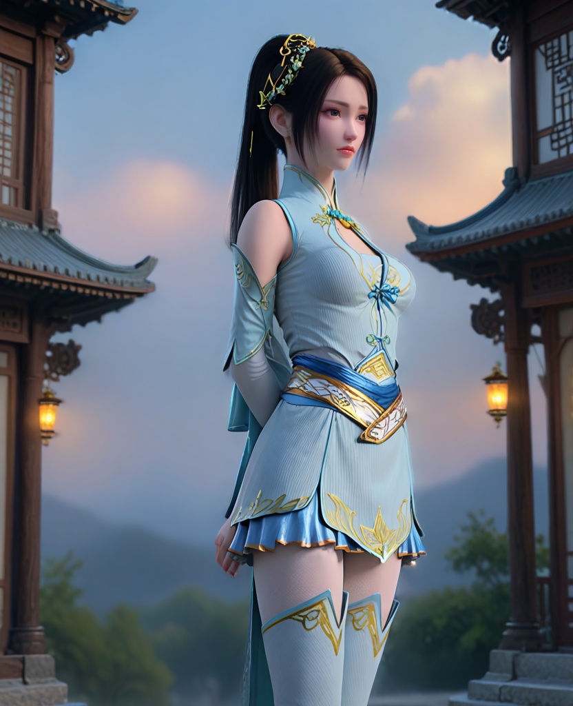 (oriental architecture, elegant decor, sophisticated style:1.1),(arms crossed:1.1),(breasts:1.2),<lora:XL斗破苍穹纳兰嫣然:0.95>,miss nalanyanran,light blue dress,light blue overskirt,blue miniskirt,sash,black hair,ponytail,hair ornament,lips,elbow gloves,slender legs,brown eyes,lace pantyhose,light blue thigh boots,clothing cutout,back bow,, score_9,score_8_up,score_7_up,score_6_up,score_5_up,score_4_up,3d rendering,tag1,tag2, Cinematic Lighting,backlighting,