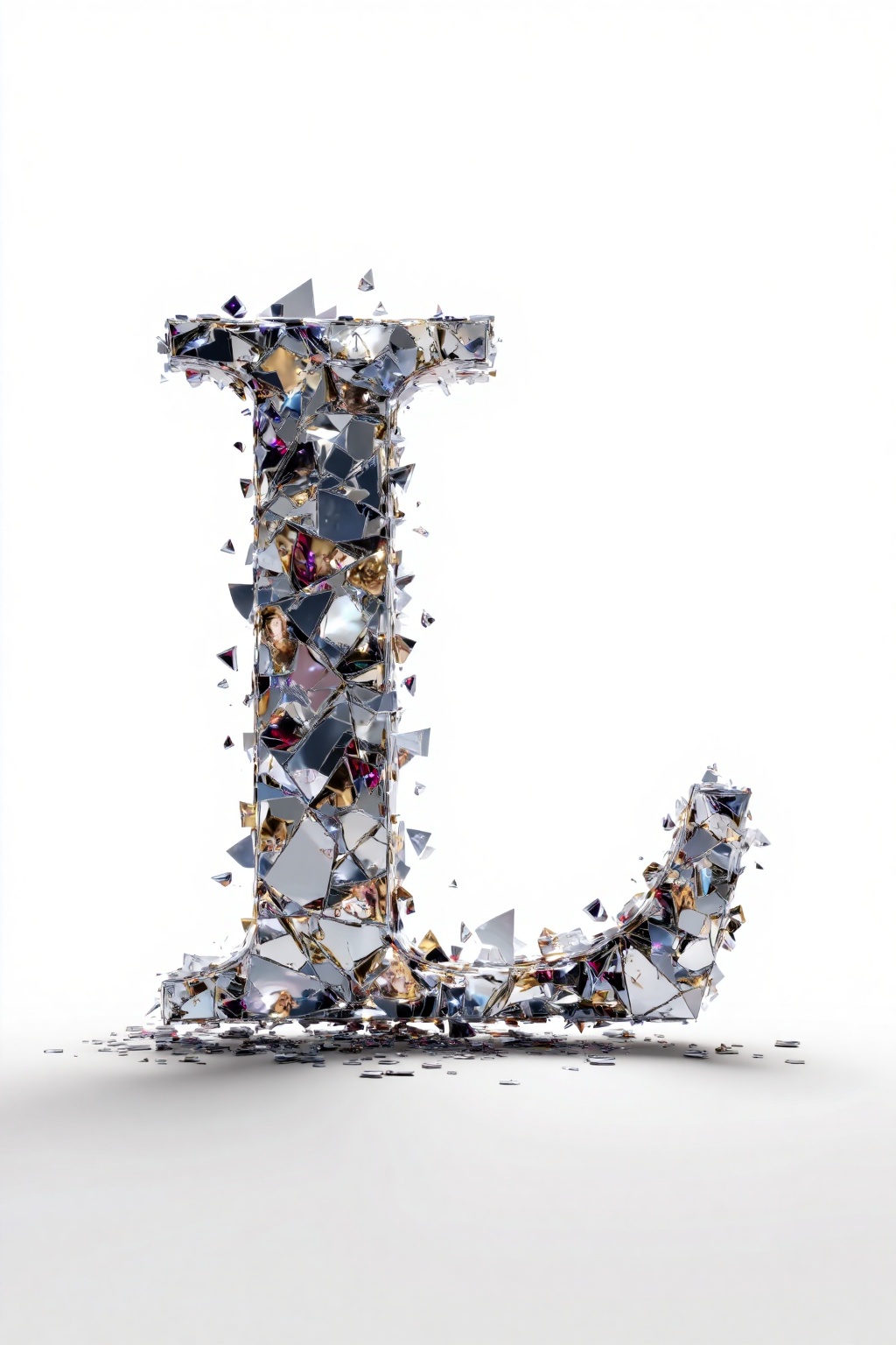 beijihui,3D icon design of letter 'L',**** of shattered mirror mosaic with razor-sharp reflective facets catching splintered reflections,hyperrealistic,hyperdetail,front view,studio lighting,100mm lens,white solid background,
