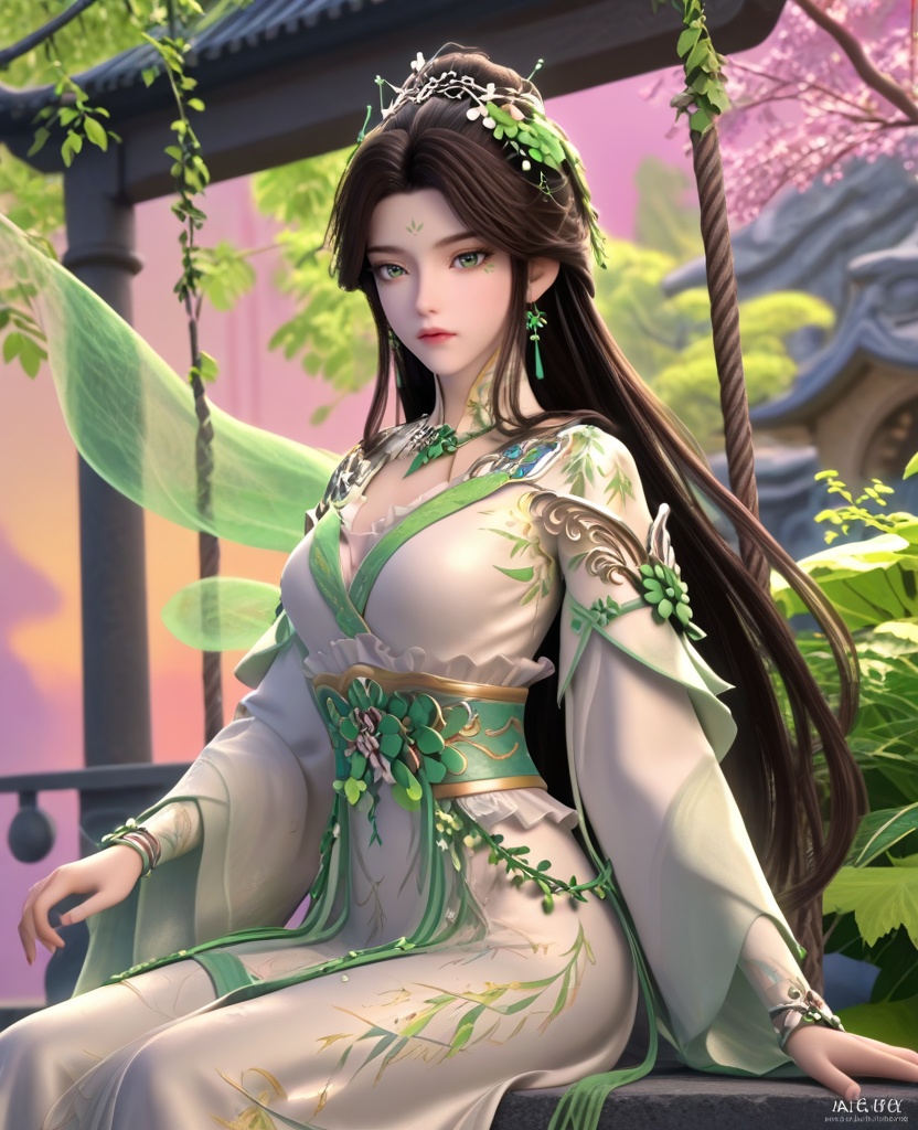 (oriental architecture, elegant decor, sophisticated style:1.1),(Seated on a swing, looking playful,:1.1),(breasts:1.2),<lora:XL16叶罗丽青梧仙子:0.95>,miss qingwu,white tiered gown,green eyes,facial mark,eye foils,black hair,half-up crown with long cascading hair,hair ornament,very long hair,jewelry,green shawl,sash,, score_9,score_8_up,score_7_up,score_6_up,score_5_up,score_4_up,3d rendering,tag1,tag2, Cinematic Lighting,backlighting,