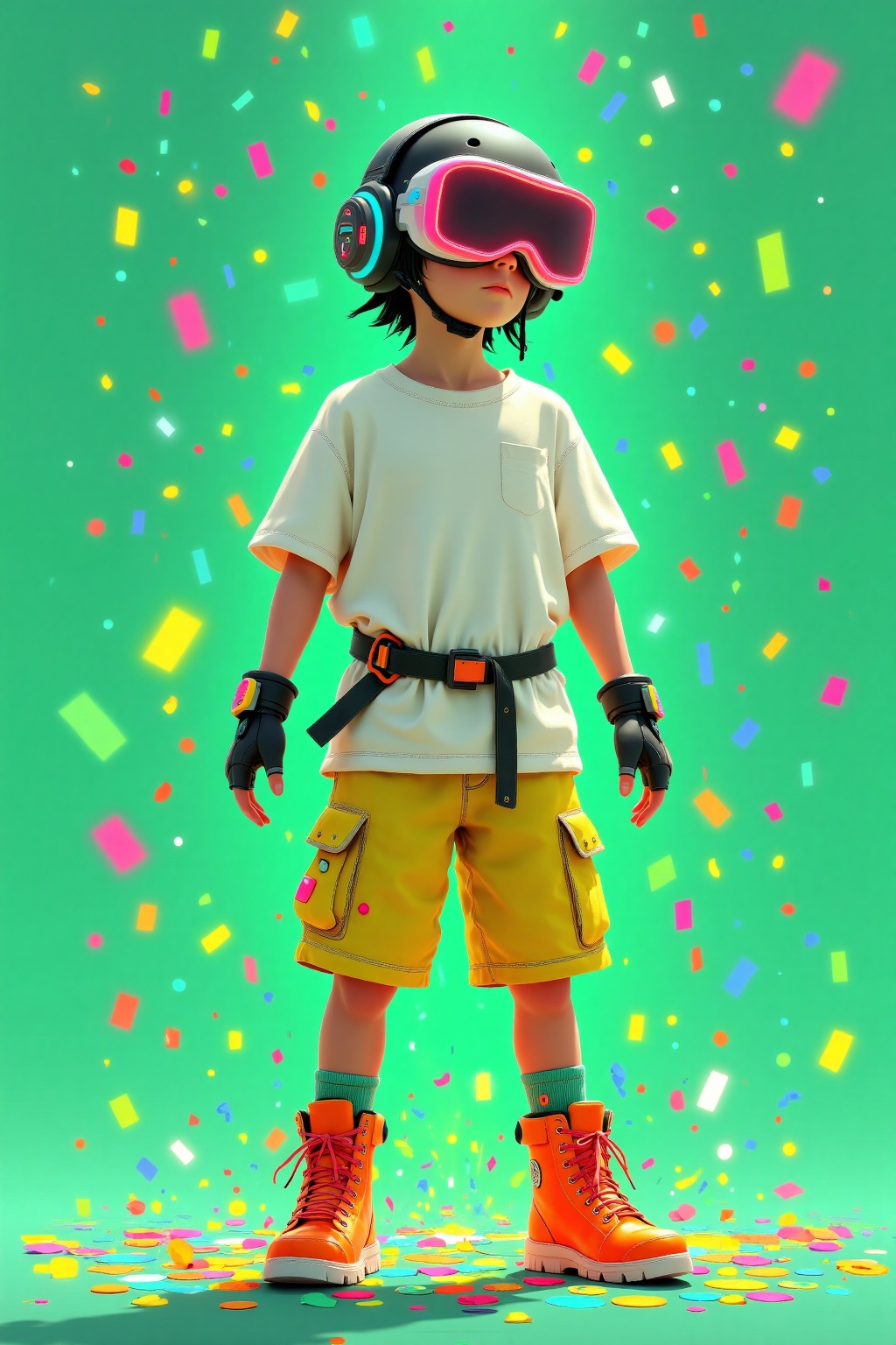beijihui,a young boy is dressed in a white t-shirt, a pair of yellow shorts, a black helmet, and orange boots. The boy's feet are encased in a black belt, and his hands are positioned on either side of his body. His head is turned to the right, and he is wearing a pair pair of headphones on his head. The backdrop is a vibrant green, with colorful confetti falling all over it.