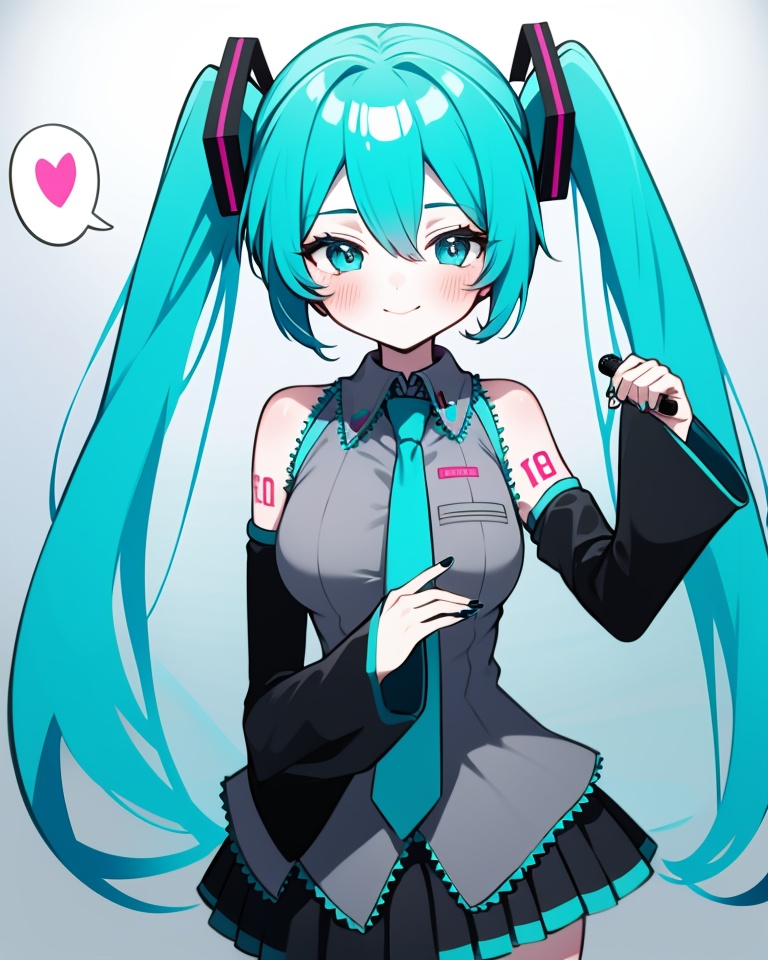 cinnamoroll, 1girl, hatsune miku, heart, smile, skirt, bow, detached sleeves, necktie, shirt, grey shirt, blush, black skirt, hair bow, holding, pleated skirt, looking at viewer, >_<, updo, spoken heart, aqua eyes, aqua necktie, aqua hair, blue bow, closed mouth, aqua nails, sleeveless, tattoo, thighhighs, collared shirt, sleeveless shirt, bare shoulders, hatsune miku \(cosplay\), black sleeves, number tattoo, ear bow, cowboy shot, microphone