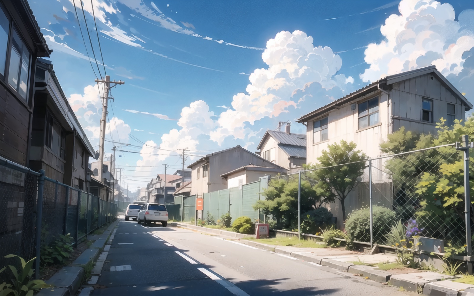 blue_sky, scenery, day, cloudy_sky, chain-link_fence, no_humans, building, fence, outdoors, bush, city, wall, road, house, street