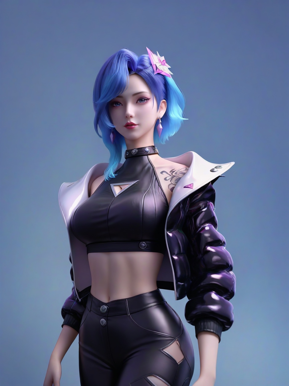 score_9,1girl,solo,jacket,short hair,standing,open jacket, black jacket,earrings,hair ornament,multicolored hair,blue eyes,black pants,crop top,blue hair,leather,large breasts,standing,lipstick,cowboy shot,tattoo,looking at viewer,simple background,<lora:SF_LiuFei_KJWJ_Pony_Realism2.3-000003:0.7>,