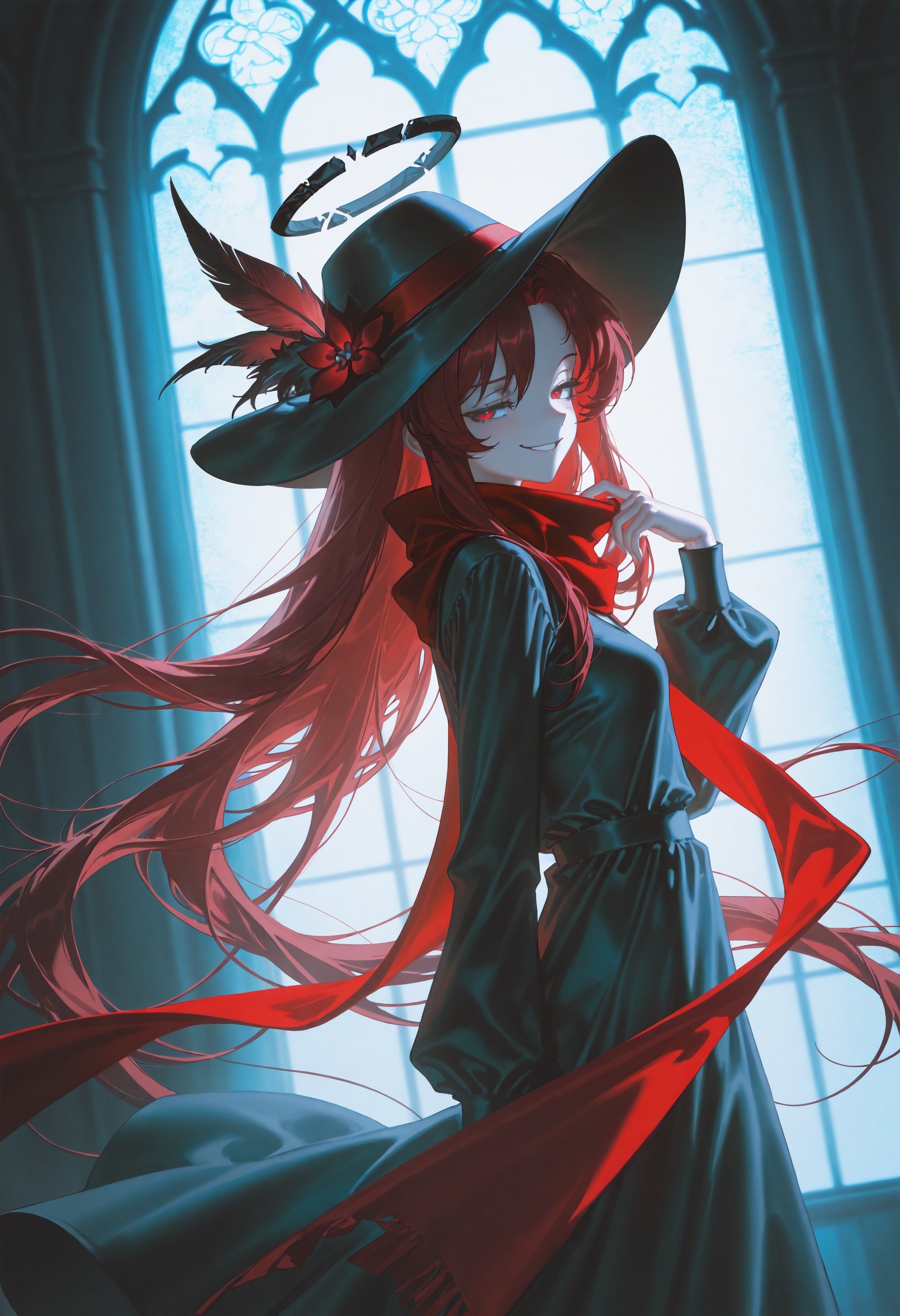 masterpiece,best quality,artist:john_kafka,artist:nixeu,artist:quasarcake,chromatic aberration,film grain,high contrast,color contrast,cold colors,gritty,graphite \\\\(medium\\\\),1girl,red hair,hat,red scarf,half-closed eyes,naughty face,smile,long hair,broken halo,church,looking to the side,from side,dutch angle,silence,smooth dress,silky hair,very long hair,hair shadow,crystal moonlight,dynamic pose,<lora:JXXLilV1:0.9>,