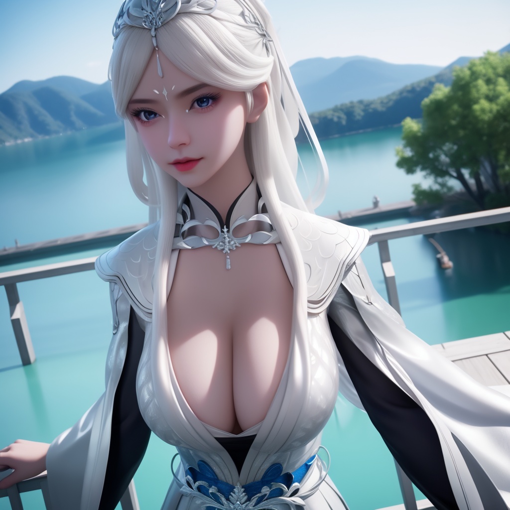 <lora:741-DA-万界独尊-杨天雪:0.8>, (,1girl, ,best quality, ),looking at viewer,  ,ultra detailed 8k cg, ultra detailed background,  ,masterpiece, (( , )) , lake,upper body,   (cleavage), (),