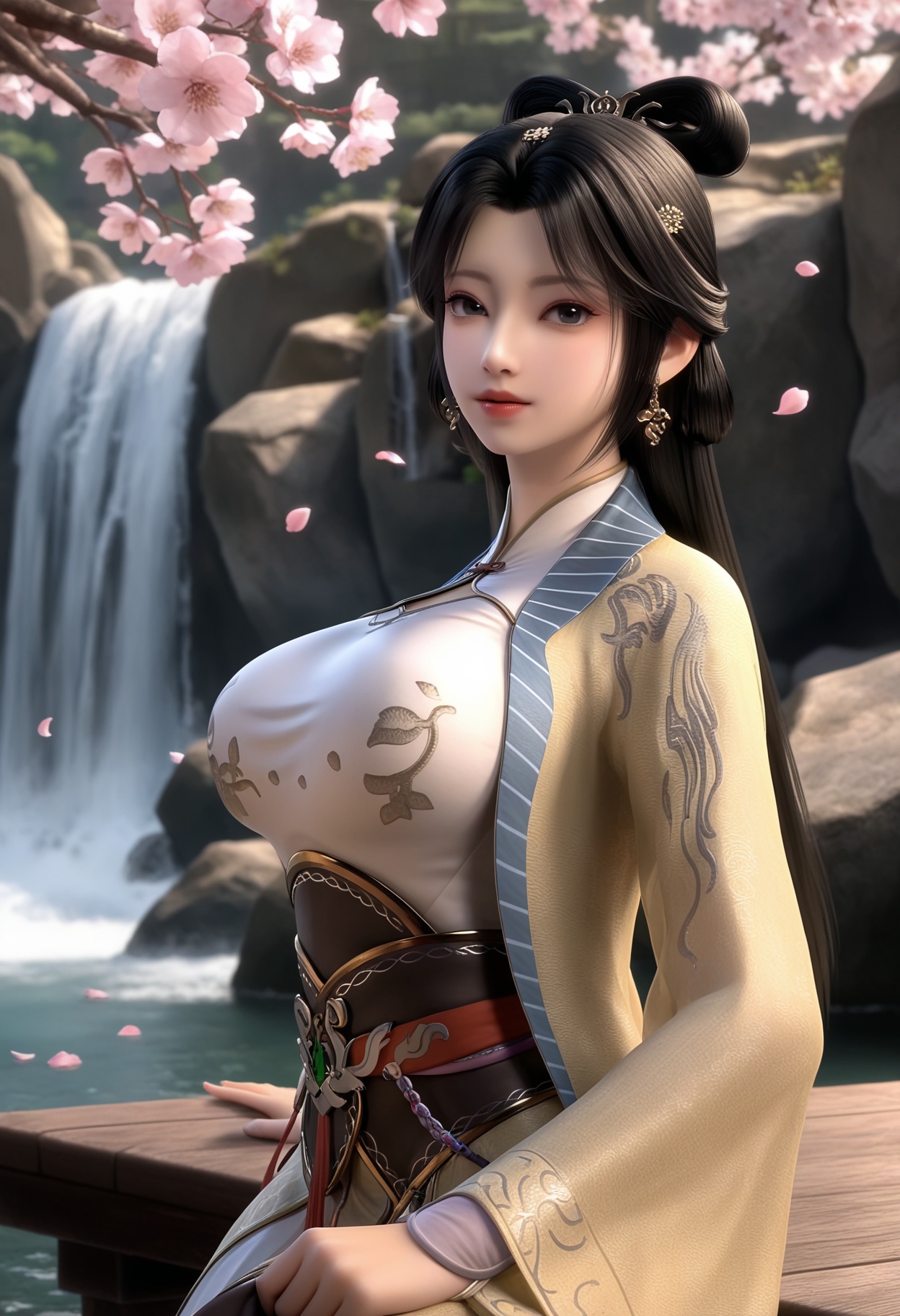 masterpiece,best quality,amazing quality,high resolution,ultra-detailed,absurdres,(looking at viewer:1.1),upper body,(moody lighting:1.1),waterfall,peach blossom,falling petals BREAK large breasts,hanxiangxiu,1girl,solo,long hair,black hair,chinese clothes,dress,jewelry,hair ornament,realistic,earrings,black eyes,long sleeves,hair rings,shoes BREAK photorealistic details,<lora:QQSillhanxiangxiuV1:0.8>,