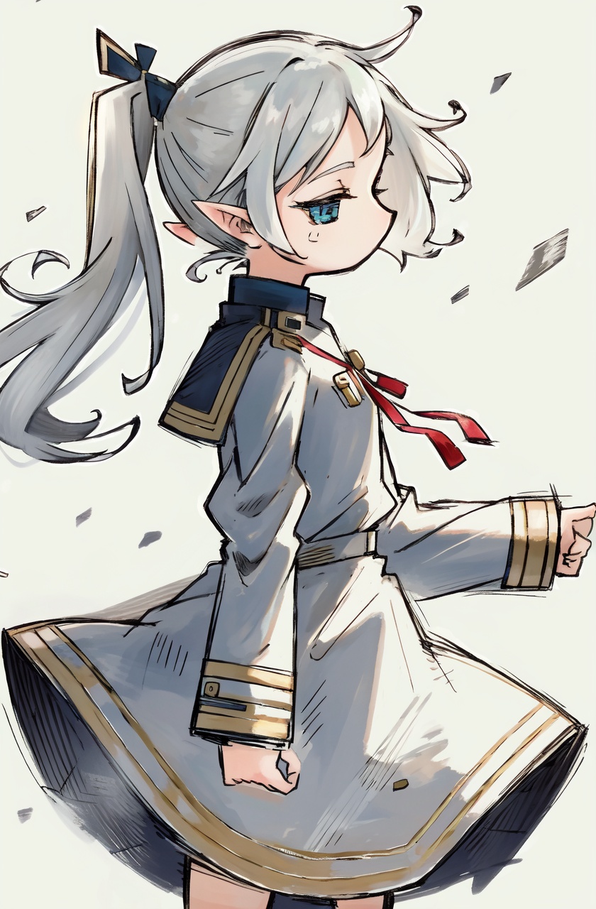 masterpiece,best quality,absurdres,sketch,1girl,solo,long hair,pointy ears,side ponytail,long sleeves,uniform dress,profile,cowboy shot,ruins,military uniform,half-closed eyes,gray hair,blue eyes,floating hair,dynamic pose,