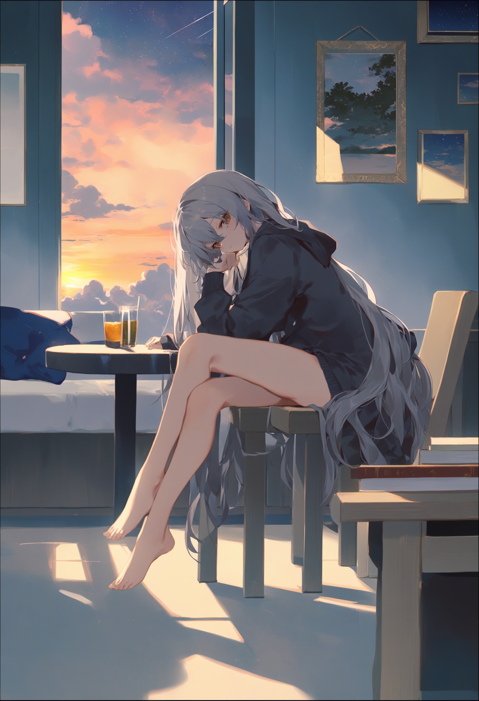 masterpiece, best quality <lora:sd_xl_dpo_lora_v1-128dim:1>,F:\\AIxunlianji\\SWAV\\10 SWAV, 1girl, long hair, solo, barefoot, sitting, looking at viewer, very long hair, indoors, bangs, bare legs , table, long sleeves, hood, hoodie, full body, grey hair, brown eyes, jacket, black hoodie, chair, legs ,sky, cloud, star (sky), border, scenery, outdoors, black border, starry sky, cloudy sky, sunset 