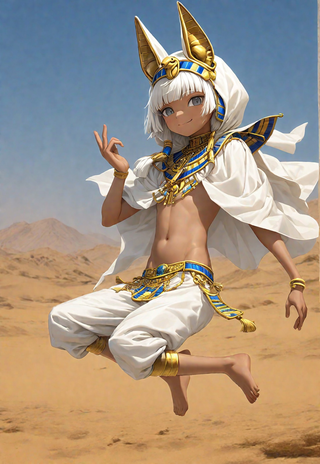 1boy, shota, solo, full body,<lora:图坦卡蒙:0.8> 1boy, shota, solo, desert, pharaoh, white cloak, hood, navel, white hair, dark skinned male, tan skin, side-swept fringe, skinny, grey eyes, side-tied sidelocks, anubis ornament, sitting gesture, floating, light smile, hands on tighs
