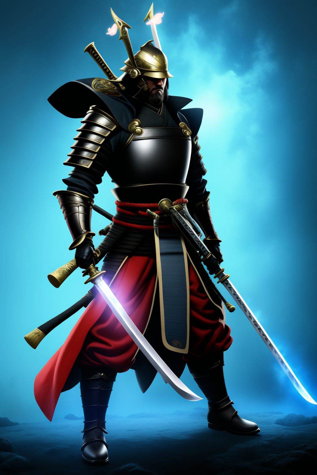 <lora:20250501_AgainGameCharacterLora:1>, armor, weapon, sword, helmet, japanese armor, holding, 1boy, samurai, kabuto \(helmet\), male focus, holding weapon, shoulder armor, holding sword, solo, glowing, electricity, full body, kusazuri, standing, katana, pants, glowing weapon, sheath, gloves, boots, facial hair, glowing sword, aura, red pants, pauldrons, lightning, vambraces, glowing eyes, belt, unsheathed, kote, looking at viewer