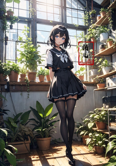 Epic CG masterpiece, an anime girl in a room with plants, no shoes, Black transparent pantyhose, pleated skirt, Sailor suit, sailor collar, in the style of photorealistic urban scenes, applecore, sandalpunk, high-angle, vacation dadcore, solarizing master1girl,  Milky skin, (shiny skin:1.4)，silk stockings，<lora:绪儿-阳光少女window:0.8>