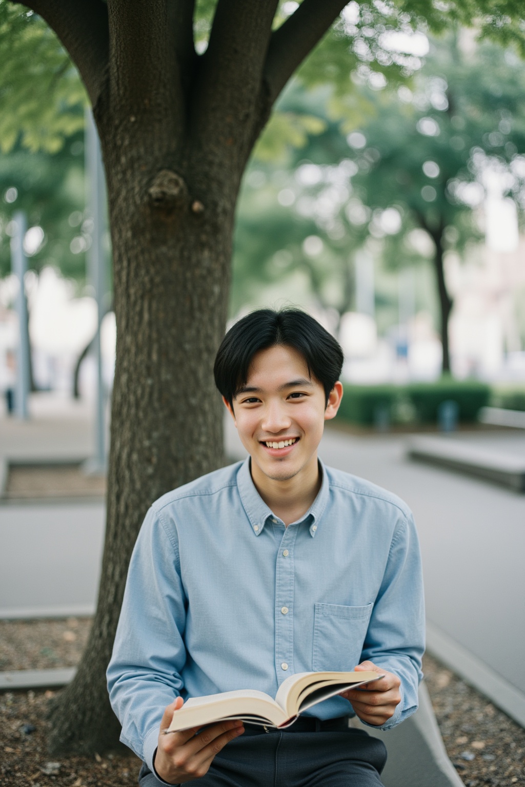 Fuji camera filter, Film photography, Color Film, Fujifilm Fujicolor 400H, film photo, Retro movie style film photography, Polaroid style, outdoors, tree, black hair, book, sitting, bench, 1boy, smirk, male focus, solo, shirt, realistic, pants, day,