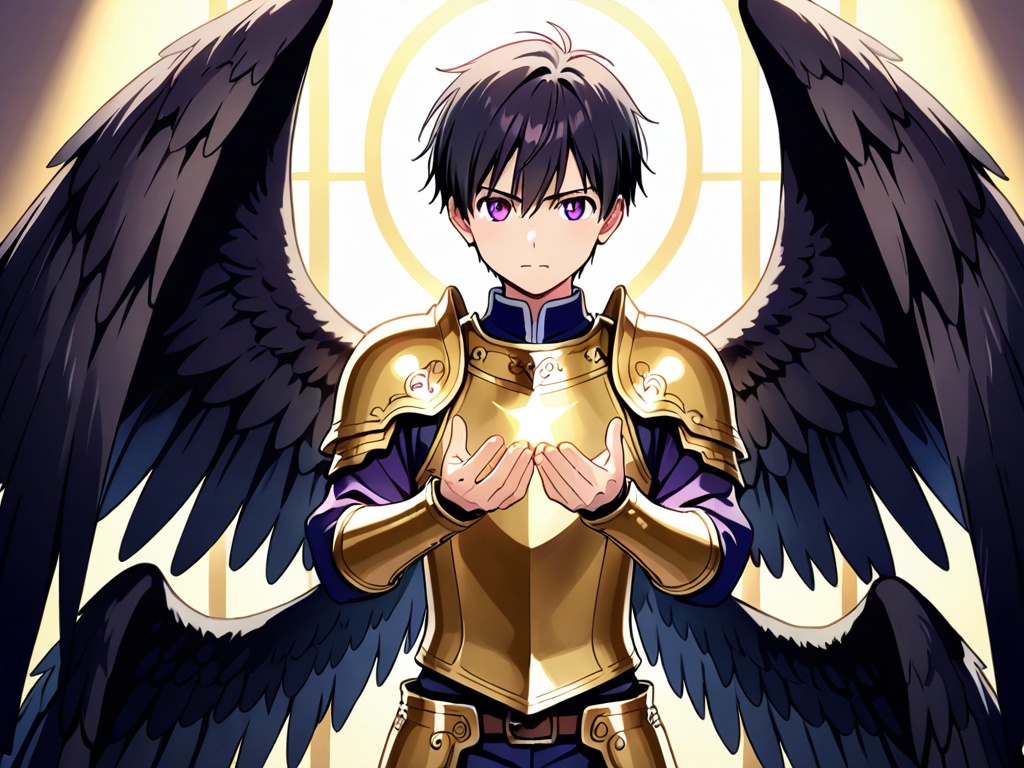<lora:Gawain_XL:1>,male focus,1boy,fallen angel,black wings,six wings,teenager,petite,black hair,purple eyes,ornate armor,perfect hands,(5fingers:1.3),correct anatomy,huge filesize,available light,background light,Volumetric Lighting,full_shot,