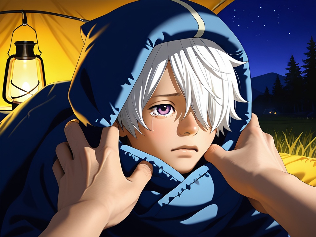<lora:LB_Lag_Seeing_XL:1>,Lag Seeing,Lag seeing costume,blue clothing,best quality,best detail,masterpiece,male focus,field camp,tent interior,(lantern:0.9),(sleeping bag:0.8),(night:1.1),1boy,male_child,petite,white hair,hair over one left eye,purple eyes,tearing_up,perfect hands,(5fingers:1.3),correct anatomy,huge filesize,available light,photorealistic,