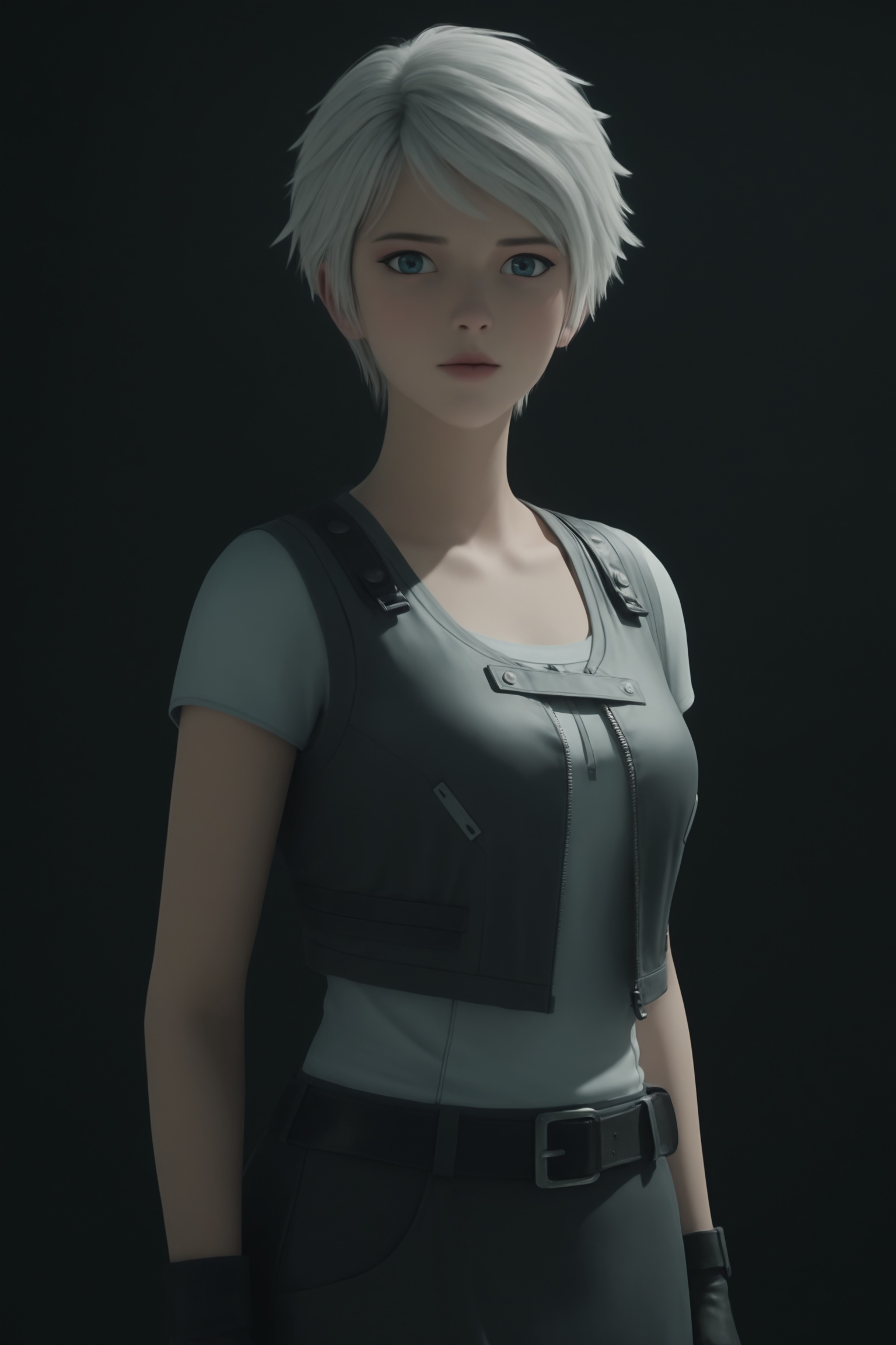breasts,black background,simple background,photorealistic,1girl,beautiful_detailed_eyes,masterpiece,best quality,cinematic lighting,ethereal,standing,looking at viewer,<lora:灵笼-冉冰IL:0.7>,1girl,short,tousled white hair,blue eyes,dark,form-fitting,gray short-sleeved shirt,black sleeveless vest,knee-length black skirt. black fingerless gloves,