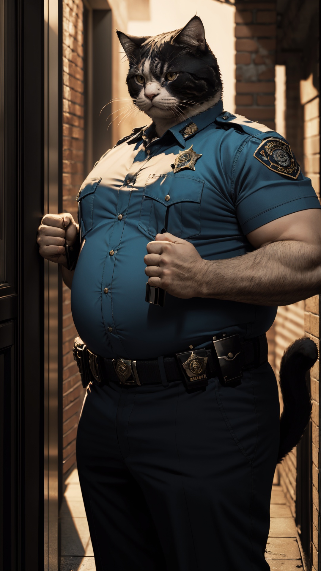 two laggard cops arresting ridiculously chubby enormous cat, 8k, RAW photo, best quality, ultrarealistic, ultra-detailed, vignette, highly detailed, high budget, moody, epic, gorgeous, film grain