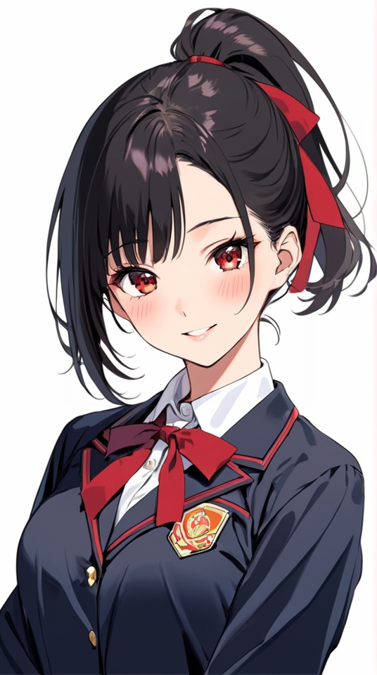 (best quality), ((masterpiece)), (highres), illustration, original, extremely detailed . <lora:日式动漫人设GIRL版XL:0.7>ooo,1girl, solo, shuuchiin academy school uniform, shinomiya kaguya, school uniform, black hair, red eyes, white background, smile, ribbon, looking at viewer, simple background, red ribbon, long sleeves, blush, bangs, parted bangs, folded ponytail, black dress, hair ribbon, dress, upper body, neck ribbon, sidelocks, short hair, parted lips, breasts