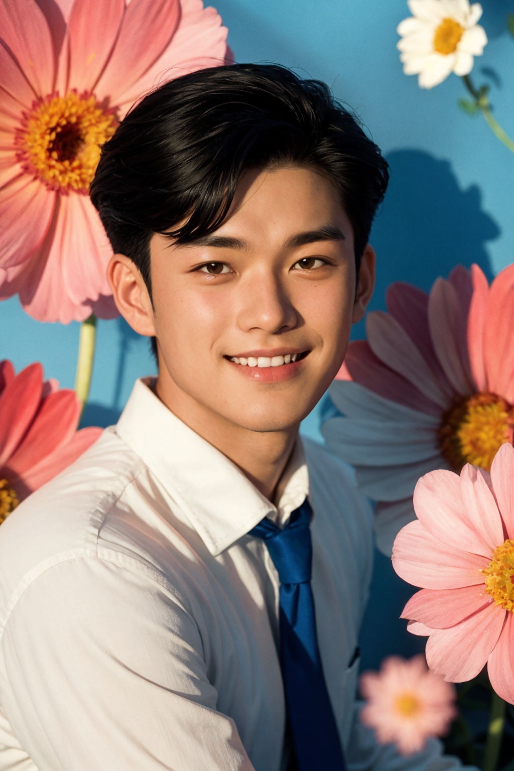 analog film photo,masterpiece,Handsome boy,2 Boys,Chase,18 years old,Lovely,Short hair,White shirt,Tie,Portrait,Garden,Flowers,Light and shadow,Students,Asian,Smile,Flying dandelions,textured skin,super detail,best quality .,faded film,desaturated,35mm photo,grainy,vignette,vintage,Kodachrome,Lomography,stained,highly detailed,found footage,
