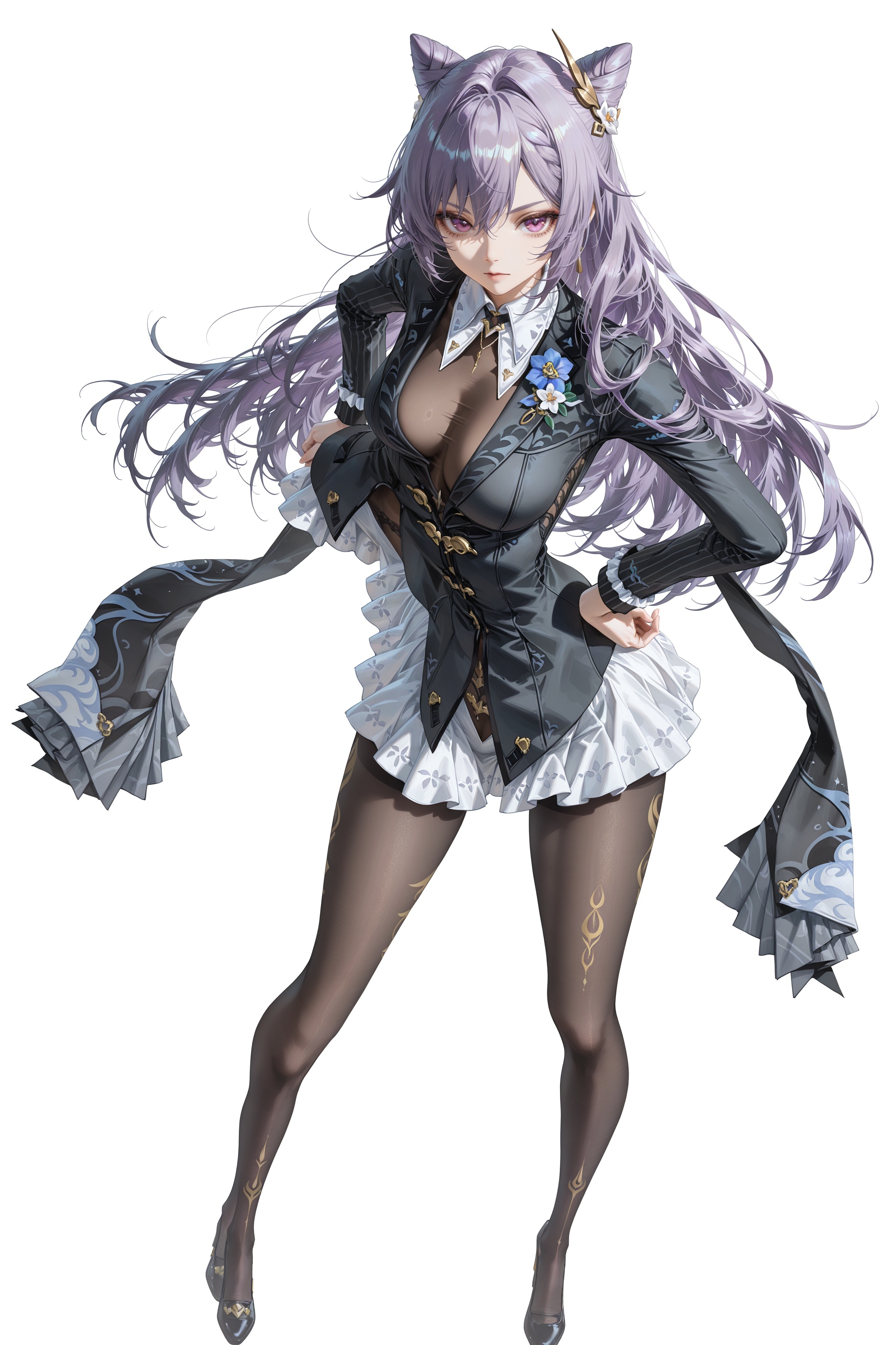 (8k:0.9),best quality,masterpiece,(ultra-detailed),(high detailed skin),rella,(nanaken nana:0.95),u u zan,banishment,stu dts,(miv4t:0.95),(wlop:0.9),(suzumi \(ccroquette\):1.1),rei \(sanbonzakura\),torino aqua,(Morikura En:1.05),full body,full shot,standing,looking at viewer,(solo:1.2),simple background,(white background:1.2),hand on own hip,(white background:1.1),keqing \(genshin impact\),<lora:yixuan-moxin-ill-Tanger:0.85>,clothes: moxing black suit,white  ruffled underdress peeks,attached auxiliary sleeves,black pantyhose,moxing black suit jacket,