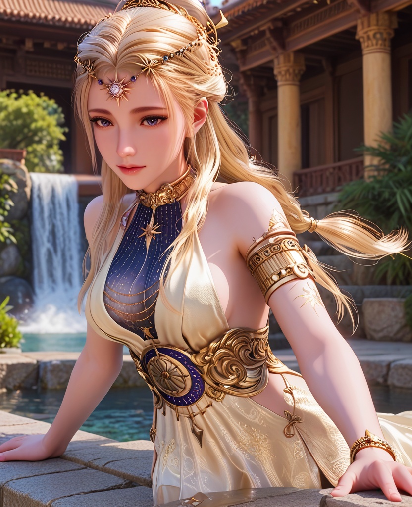 (oriental architecture, elegant decor, sophisticated style:1.1),(playing on the water slide:1.1),:|,(breasts:1.2),<lora:XL16永劫无间席拉:0.95>,miss xila,light yellow high-low dress,blue eyes,circlet,blonde hair,braid,long hair,sash,jewelry,armlet,golden tattoo of holy seal,, score_9,score_8_up,score_7_up,score_6_up,score_5_up,score_4_up,3d rendering,tag1,tag2, Cinematic Lighting,backlighting,