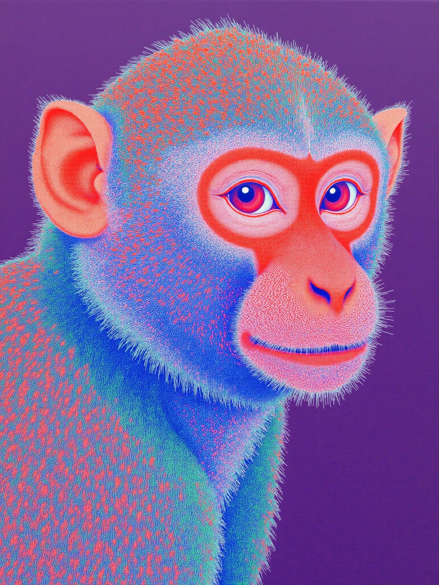A pointillist style monkey with bright colors,fine lines,high saturation,unique textures,and a purple background with subtle gradients that highlight the color of each point. The painting showcases bright red,blue,pink,orange,green,and purple,capturing the essence of the animal's beauty through delicate shading techniques and lines. The composition is symmetrical and the overall aesthetic is that of a colored woodcut with a soft Gothic style that makes use of white space and highly detailed elements,