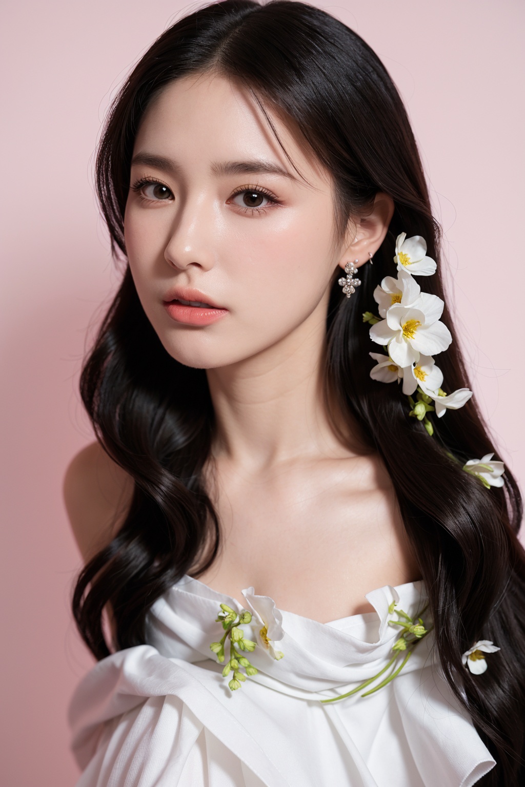 1girl, solo,(front view:1.2),(looking_at_viewer:1.4),(eye-contact:1.4),,black hair, long hair, jewelry, realistic, earrings, hair ornament, black eyes, lips, collarbone, parted lips, flower, watermark, upper body, portrait, hair flower, dress, web address,  <lora:YG红颜阁美女15:0.85>,