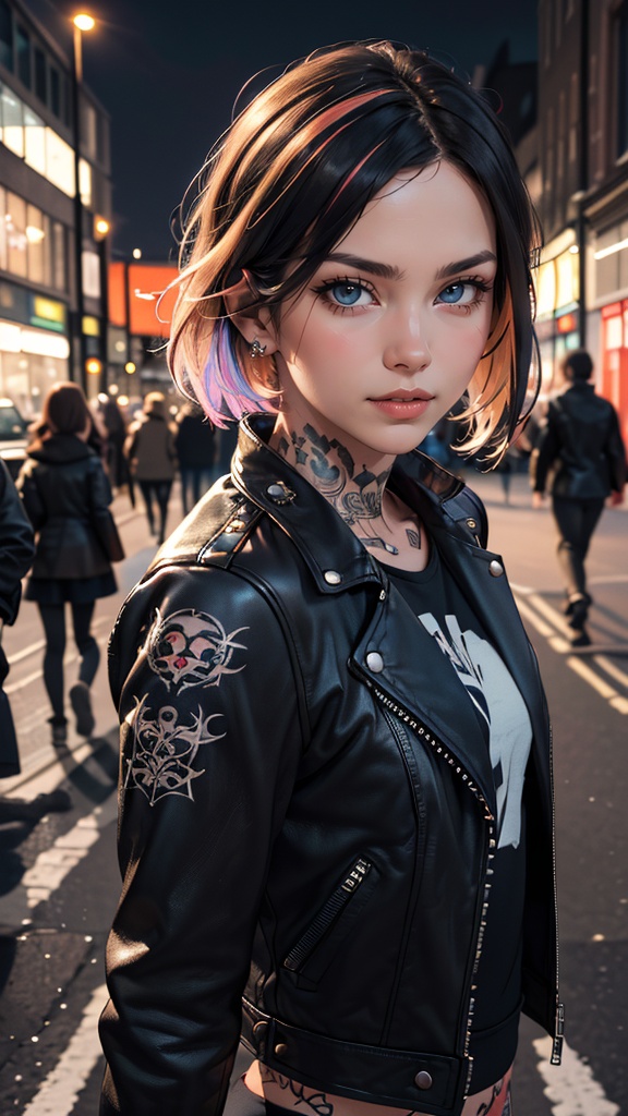 raw portrait photo of Punk Girl,  very short multicolored hair,  in high detailed textured (black leather jacket) on Tenso...