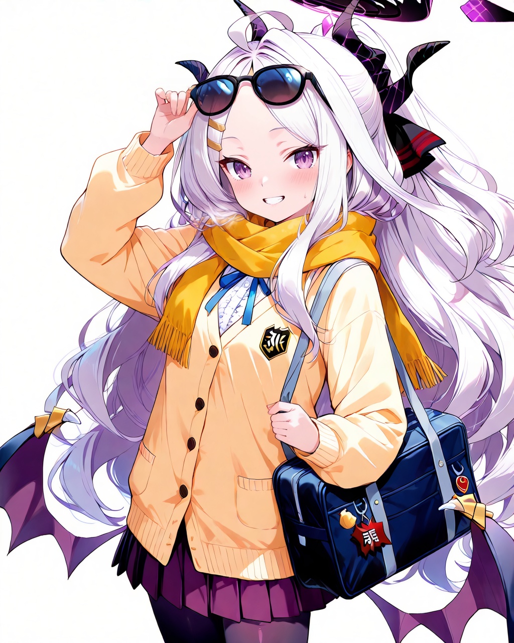 Hina (Blue Archive),O,Hina \(Blue Archive\), 1girl, hina, (blue archive), solo, long hair, skirt, pantyhose, halo, wings, bag, horns, smile, white hair, scarf, eyewear on head, looking at viewer, demon wings, hair ornament, simple background, pleated skirt, purple eyes, white background, low wings, parted bangs, long sleeves, yellow scarf, ahoge, blush, black pantyhose, bangs, sunglasses, grin, hairclip, very long hair, ribbon, purple skirt, school uniform, sidelocks, shoulder bag, cowboy shot, demon horns, cardigan, school bag, shirt, ponytail, demon girl, arm up, miniskirt, white shirt, forehead, standing, multiple horns, hair ribbon, yellow cardigan, bat wings, blue ribbon, neck ribbon, adjusting eyewear, purple wings, jacket, hand up, teeth, black wings,(UHD),anatomically correct,accurate,textured skin,super detail,high details,award winning,best quality,high quality,retina,HD,16k,1080P,