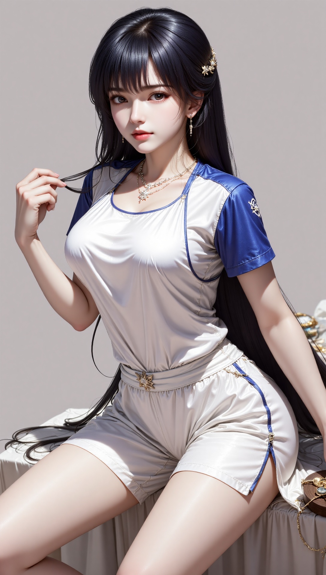 qingshu,qingshu,1girl,solo,sportswear,long hair,sitting,looking at viewer,holding,earrings,shorts,black hair,jewelry,