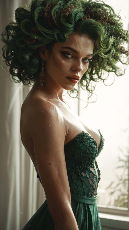 score_9,score_8_up,score_7_up,score_6_up,score_5_up, best quality, exquisitely detailed, intricate, absurdres, death, ( Eternity  Amorphous  PistachioGreen   Diagonal lines Enigmatic  Vibration  Swirling magic:1.0), bedroom_eyes   pose, retro curls hair