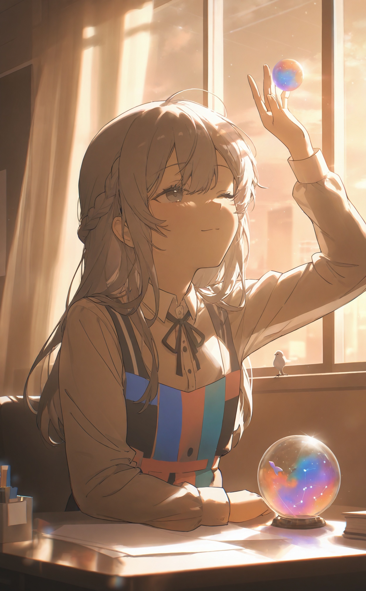 masterpiece,highres,absurdres,newest,best quality,high quality,loli,petite,chromatic_aberration,//,illustration,ultra detailed,hdr,Depth of field,(colorful),Office,desk,office documents on desk,windows,curtains,sunlight through windows,Tyndall light,Sit behind a desk in front of the window and sleep on your tummy 1 girl,warm theme,solo,watercolor theme,gray hair,long hair,wink,dress,shut up,bust,sitting at desk with one hand supporting head,flat color,norlin art,glass ball,small fish ****,braid,wink,bust (sculpture),constellation,flat color,male focus,office,cozy animation scenes,//,<lora:konya_karasue3——【noob】hans:0.7>,