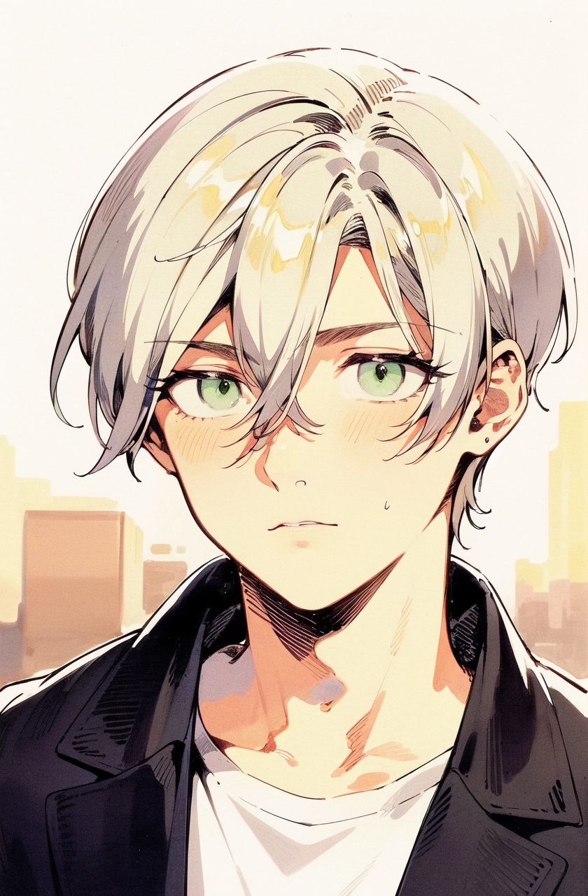 ultra highres,masterpiece,best quality,short hair,green eyes,white hair,bokeh,depth of field,open jacket,cityscape,night,1boy,spiked hair,portrait,walking,looking away,retro artstyle,traditional media,