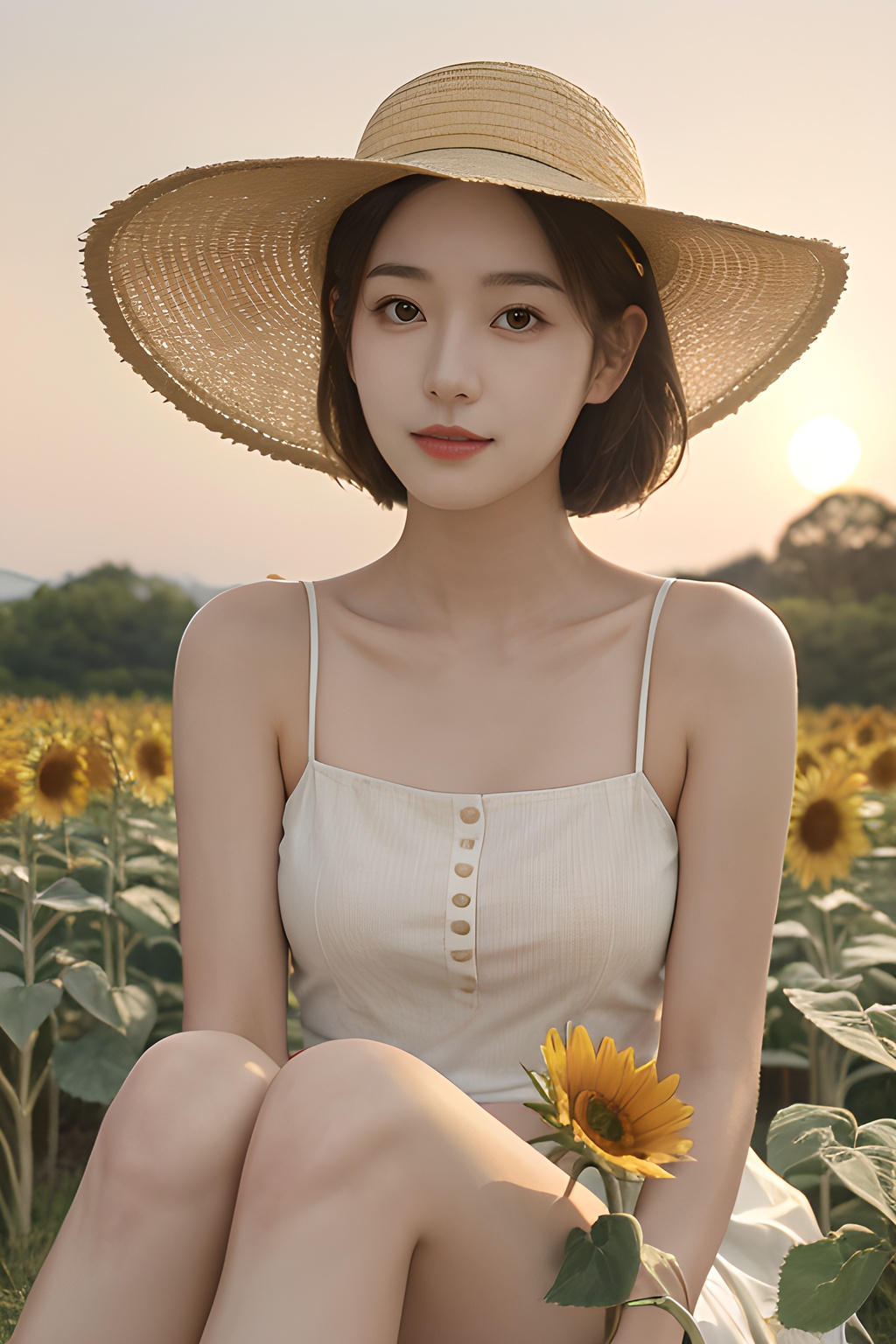 <lora:0805_07:0.7>, <lora:SDXLrender_v2.0:0.8>,a girl with a sun hat, sitting in a field of sunflowers, bathed in the golden glow of sunset, warm hues, peaceful ambiance, natural beauty.korean girl,black hair,, 1girl,realistic,masterpiece, best quality, photorealistic, HDR,detail