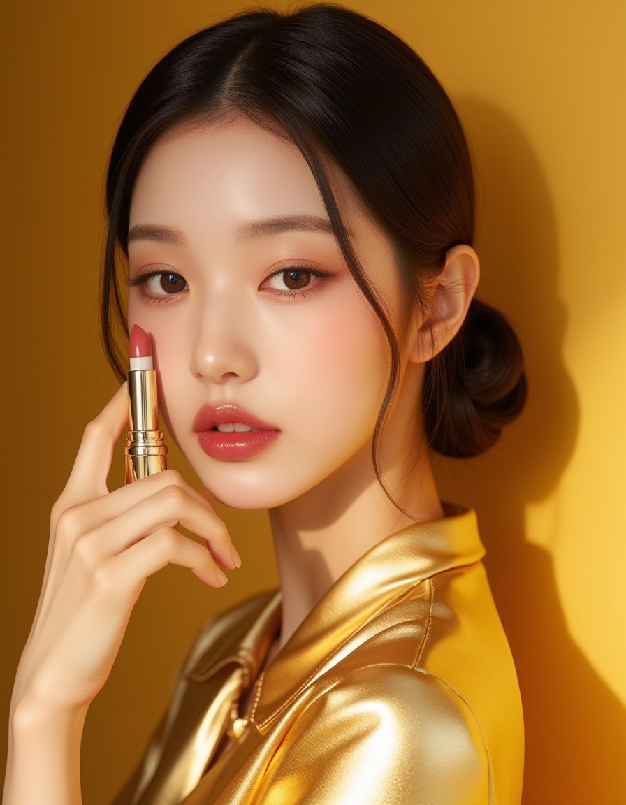 this is a picture of a fashionable south korea woman,she had a lipstick in her hand,she was dressed in solid gold and had a metallic sheen,