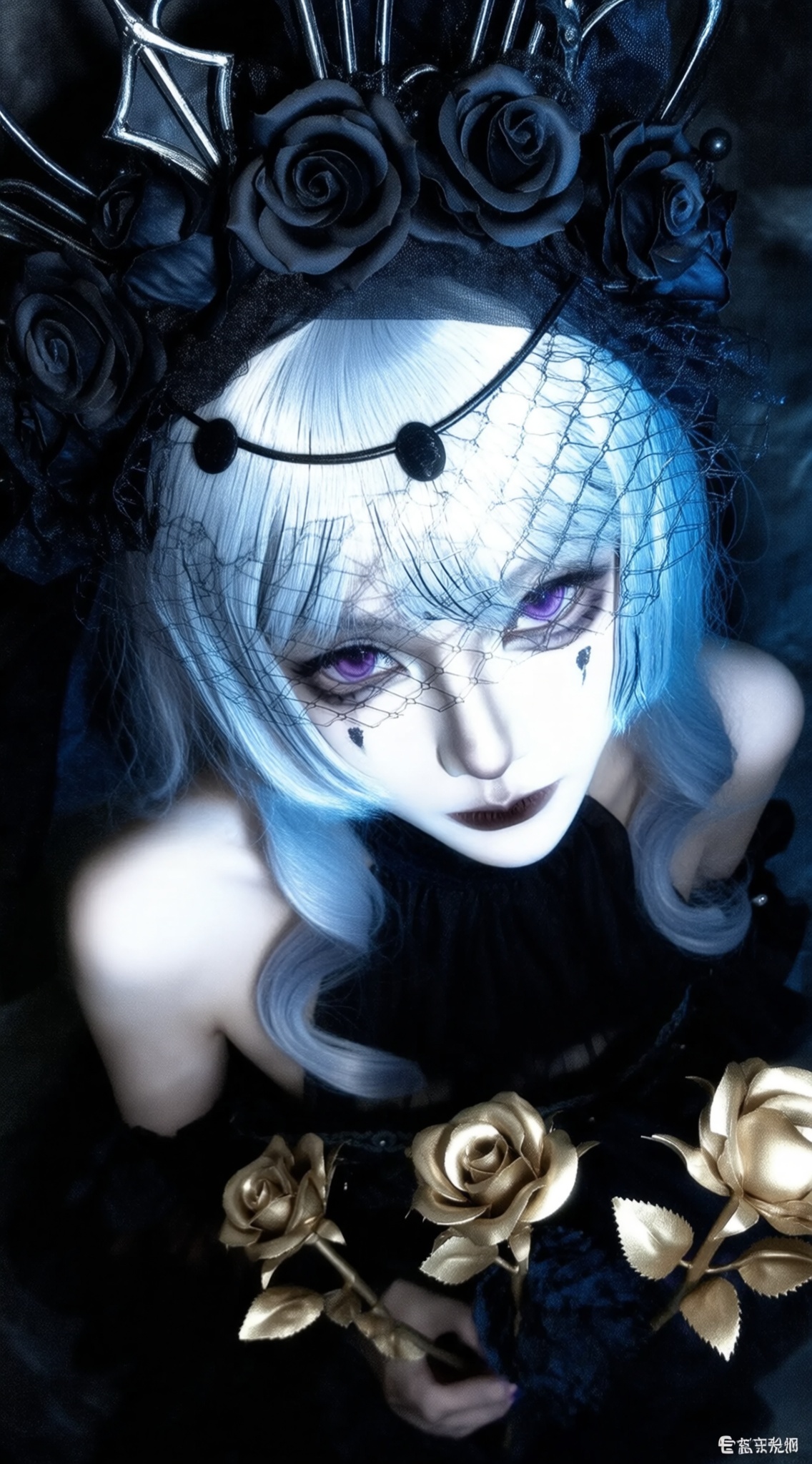a photo-realistic, gothic portrait of a young woman with pale skin and blue hair, wearing a black headpiece adorned with black roses and a birdcage veil, the woman, who appears to be in her early twenties, is positioned in the middle of the image, looking directly at the viewer with a serious expression, her eyes are a striking purple color, and she has long, wavy silver hair that falls down her back, she is wearing a dark, off-the-shoulder black dress with a high neckline, and her bare shoulders are visible, the background is dark and moody, with a focus on the womans face and the intricate details of her headpiece and veil, in front of her, there are gold roses, adding a touch of elegance to the image, the overall effect is one of dark and mysterious ambiance, with the woman appearing to be surrounded by flowers, creating a sense of depth and dimensionality,, Negative prompt: ng_deepnegative_v1_75t,(badhandv4:1.2),EasyNegative,(worst quality:2),,nsfw, Steps: 30, Sampler: Euler, CFG scale: 6.0, Seed: 2783375454, Size: 1142x2048, Model hash: 98763a1277, Model: Qwen-Image_1.0.safetensors, Denoising strength: 0, RNG: CPU, Lora 1: ZOZ_湿润特效, Lora Hash 1: 36836624eb, Lora Weight 1: 0.8, vae_name: automatic