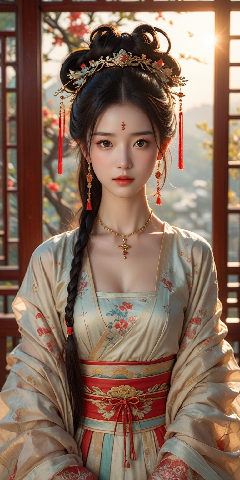 dynamic poses, stunning colors, 3D rendering masterpiece,high resolution,1girl, (hair ribbon, headband, side braid),hanfu, Chinese Traditional cloth,ultra-detailed, (high detailed skin),glossy skin, female focus, model, ,chinese ink painting style, ,Wearing clothes with Chinese elements,(chinese style:1.2),extreme detailed,gufeng, gradient, fractal art, colorful, highest detailed hair,HDR,8kresolution,1girl,earrings,jewelry,breasts,solo chest pleated skirt, ,long_hair,makeup,jewelry,eyeshadow, braid, looking at viewer, bangs, breast curtain,long sleeves,ribbon, tassel ,scenery,chinese architecture, trees, birds, sun,outdoors,depth of field,