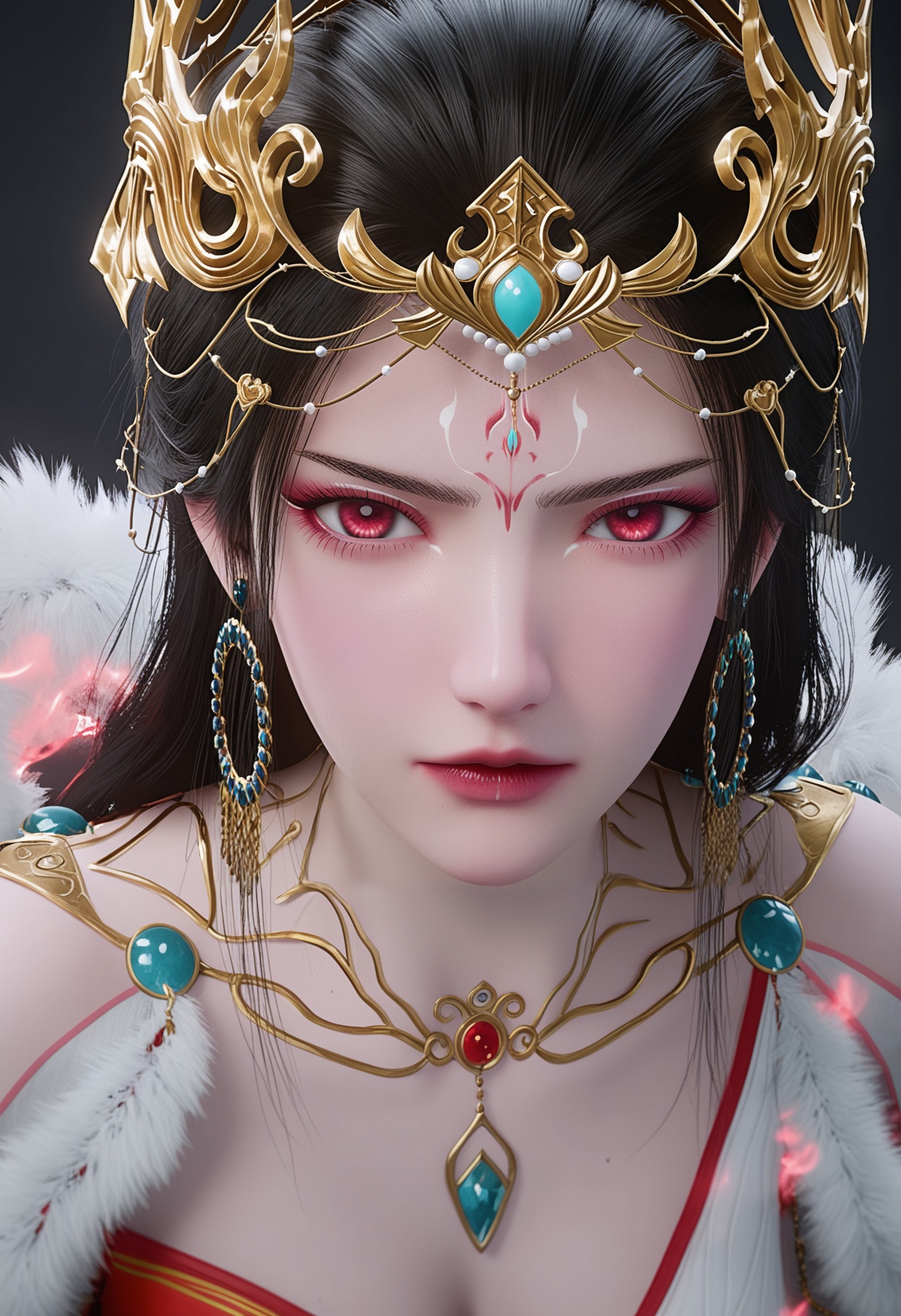 perfect_anatomy,score_9,(upper_body:1.1),looking_at_viewer,<lora:YQ_pony_hongdie_V4:0.8>,q1528437228,solo,1girl,jewelry,long_hair,earrings,hair_ornament,black_hair,dress,necklace,red_eyes,facial_mark,forehead_mark,red_dress,fur_trim,brown_hair,bare_shoulders,perfect_anatomy BREAK perfect_anatomy,simple background,black background,(shiny_skin),(Ivory_skin:1.1),(cinematic lighting),