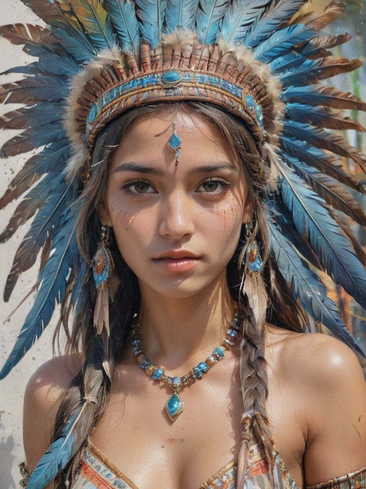 (((best quality))),(((highly detailed))),(((masterpiece))),(((ultra-detailed))),(((illustration))),(((extremely detailed))),((exciting)), Native Indian, 1 Indian girl, whole body, (((Indian feather headdress))), Indian necklace, delicate and beautiful face, graffiti on the face, beautiful eyes, watercolor, splash ink, brown crystal eyes, highlight, tropical plants, macaws, highlight, rich pictures, ultra clear,perfect,high-definition,8k， <lora:超现实02:0.5>