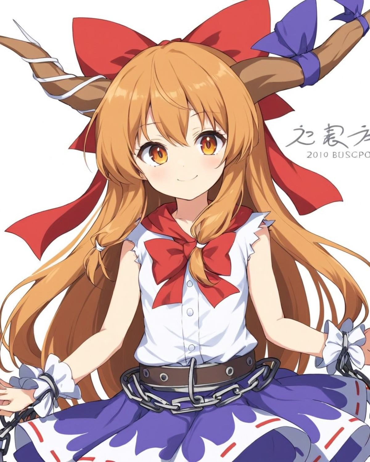 ibuki suika,1girl, solo, chain, white_background, hair_bow, smile, white_shirt, dated, looking_at_viewer, torn_sleeves, signature, closed_mouth, horn_ribbon, simple_background, purple_skirt, blue_skirt, sleeveless_shirt, oni_horns, shackles, purple_ribbon, wrist_cuffs, red_bowtie<lora:ibuki_suika_image9170_2023-12-11-000006:1>,star-shaped_pupils,symbol-shaped_pupils,. gorgeous,key visual, vibrant, studio anime,award-winning, professional, highly detailed,high budget, cinemascope