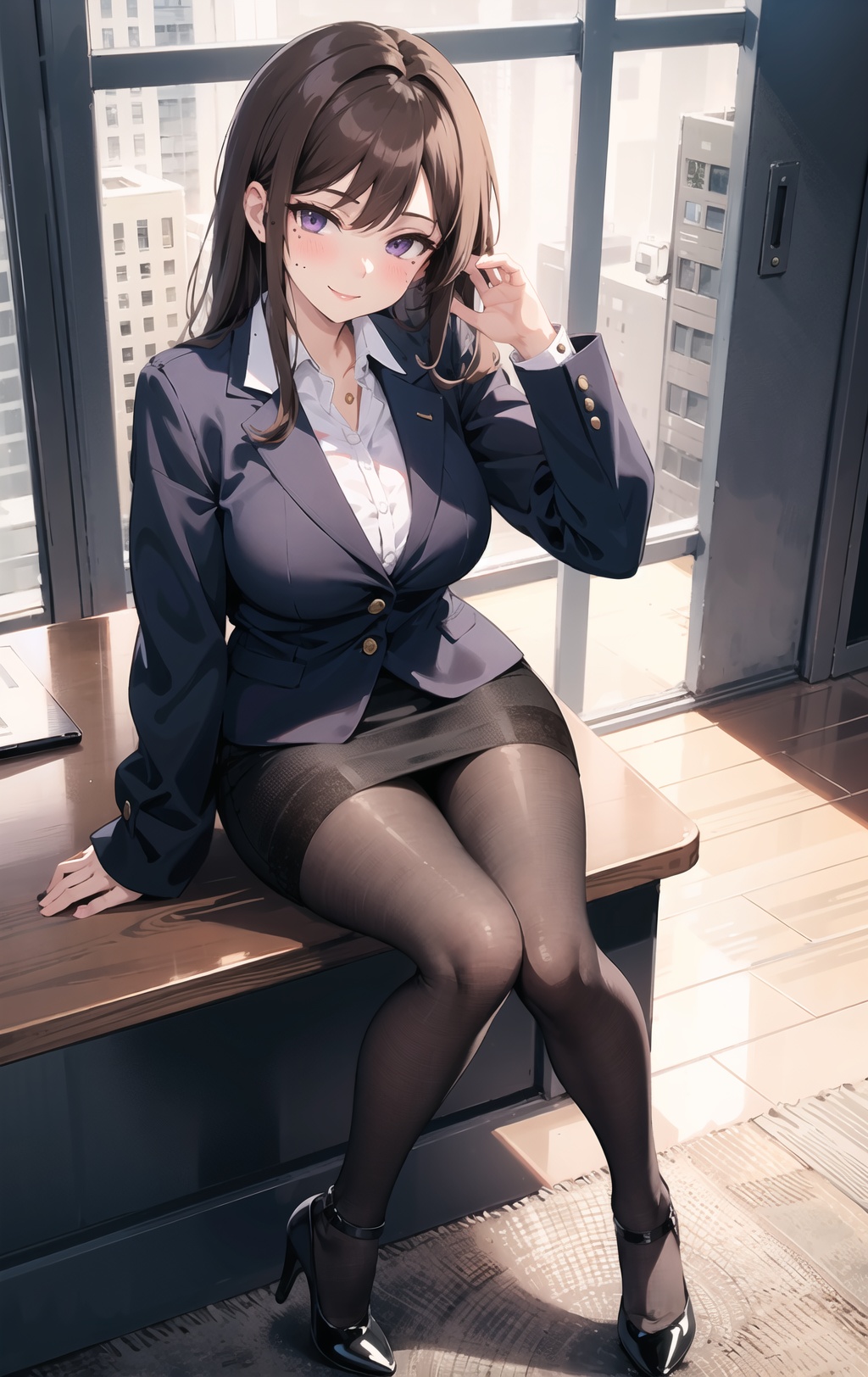 1girl, high_heels, pantyhose, brown_hair, skirt, purple_eyes, solo, pencil_skirt, mole, smile, looking_at_viewer, black_footwear, long_hair, office_lady, sleeves_rolled_up, mole_under_eye, blush