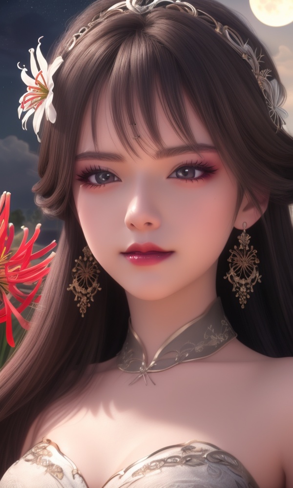 (,1girl, ,best quality, ),looking at viewer, <lora:370-DA-百炼成神-云洛-黑化:0.7>,,ultra detailed background,ultra detailed background,ultra realistic 8k cg, ,masterpiece, (( , )),ultra realistic 8k cg, ,tamari \(flawless\),     ,spider lily,full moon (()), (),