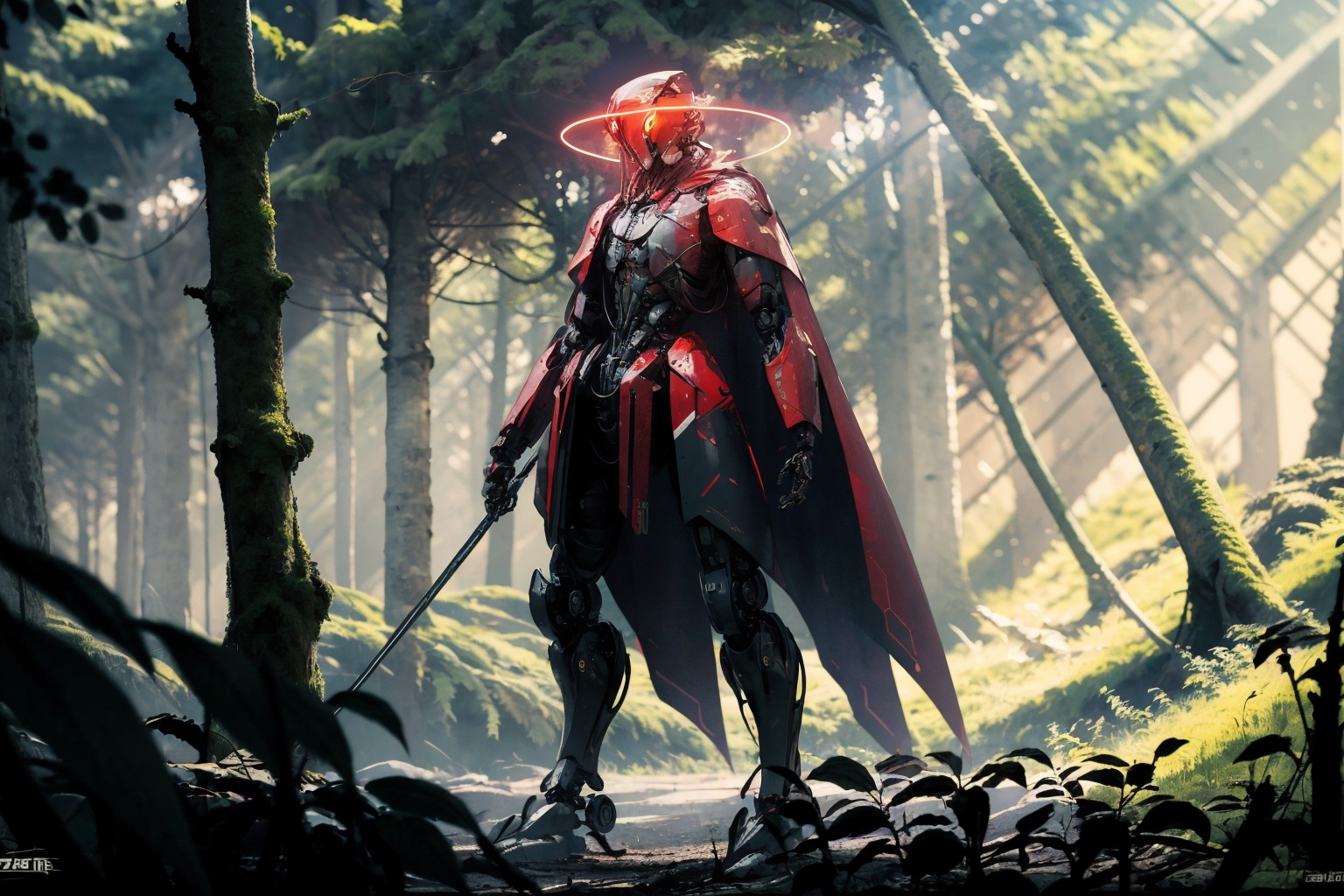 -nature, forest, robot, no humans, science fiction, solo, tree, standing, fog, glowing, weapon, mecha, humanoid robot, outdoors, looking at viewer,<lora:Apocalypse Aso_20240119162949:1>,Apocalypse Aso,