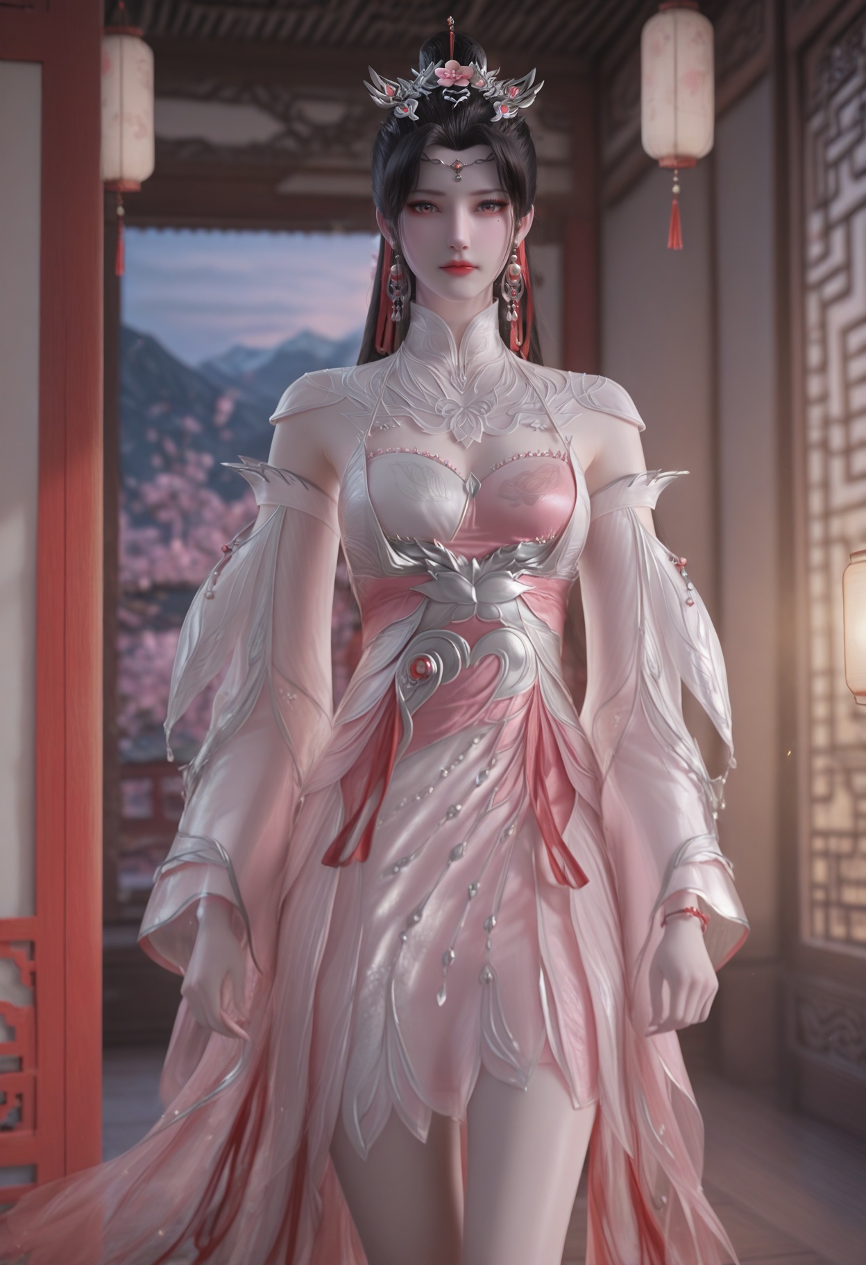 Liu_mei,1girl,bare legs,black hair,hair ornament,jewelry,hair bun,earrings,blurry background,mole under eye,makeup,hair bun,dress,white dress,pink dress,chinese clothes,see-through,long sleeves,clothing cutout,anklet,pink footwear,red footwear,red hair ribbon,photorealistic,hyperrealistic,<lora:realistic filter [IL]:1>,(pale skin),looking at viewer,standing,(upper body:1.2),close up,head shot,lantern,open window,looking at viewer,indoors,mountains,blossoms,flowers,east asian architecture,beautiful sunrise,warm ambient temperature,<lora:Liu_mei_10_illu-000005:0.75>,