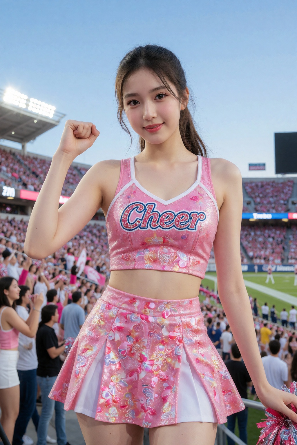 Create an image of a young woman posing confidently in a vibrant sports stadium. She has long,  dark hair styled in a slee...