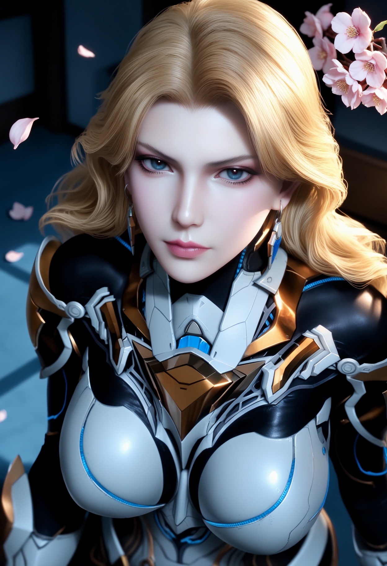 masterpiece,best quality,amazing quality,very aesthetic,high resolution,ultra-detailed,absurdres,scenery,photorealistic,(looking at viewer:1.1),upper body,(Dark room:1.3),(moody lighting:1.1),peach blossom,falling petals,large breasts,weinina,1girl,solo,blonde hair,long hair,earrings,jewelry,armor,bodysuit,blue eyes,realistic,skirt,high heels BREAK photorealistic details,<lora:QQSillweininaV2:0.8>,