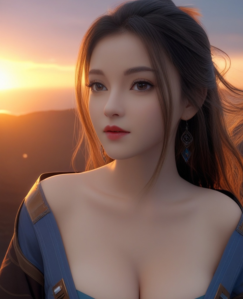 <lora:571-DA-XL-眷思量-奉眠:0.8>(,1girl, ,best quality, ),looking at viewer,masterpiece, (( , )),, realistic,science fiction,mole, ultra realistic 8k cg, , sun,sunset, (cleavage), (),