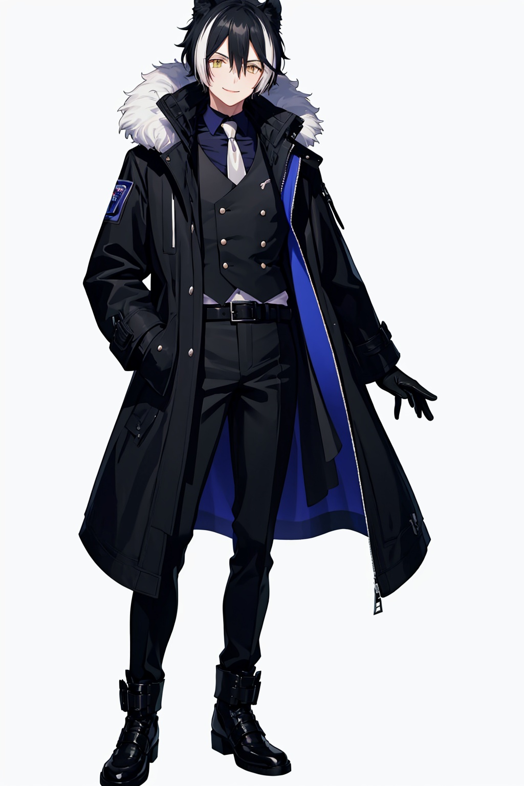 masterpiece,best quality, highly detailed, 1boy,black footwear,black pants,black vest,full body,fur-trimmed coat,kageyama shien,looking at viewer,male focus,open coat,standing,stole,virtual youtuber,white necktie,belt buckle,black coat,black gloves,black shirt,collared shirt,half gloves,solo,double-breasted,shoes,simple background,white background,belt,smile,<lora:kageyama_shien:1>